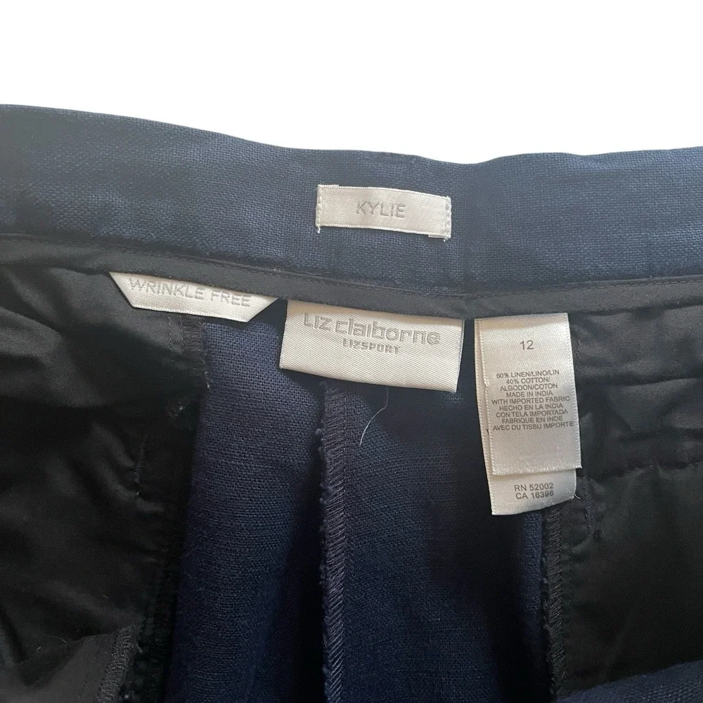 Liz‎ Claiborne Women's Size 12 Kylie Pant Pleat Navy 60% Linen / 40% Cotton
